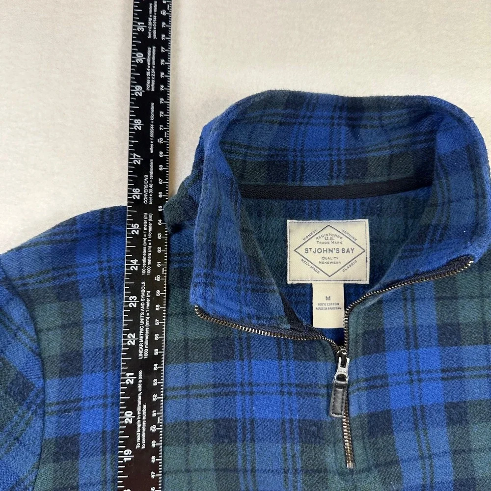 St John's Bay Pullover Mens M Blue Plaid Fleece Quarter Zip Soft Winter Casual